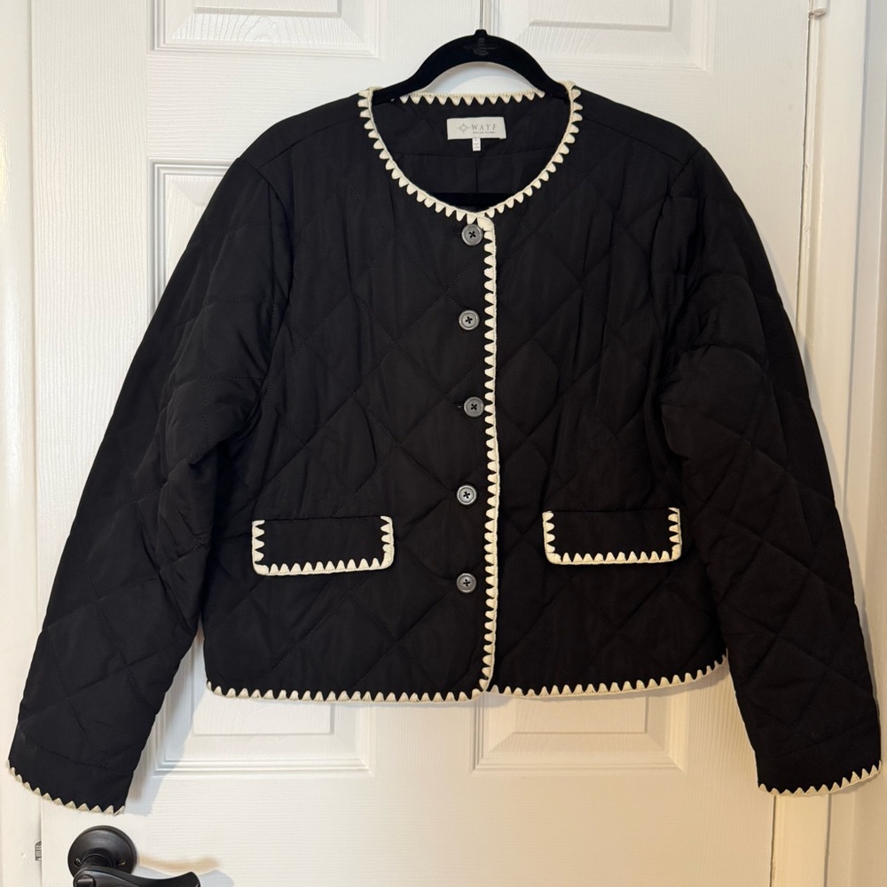Wayf Black Quilted Puffer Jacket with Cream Trim